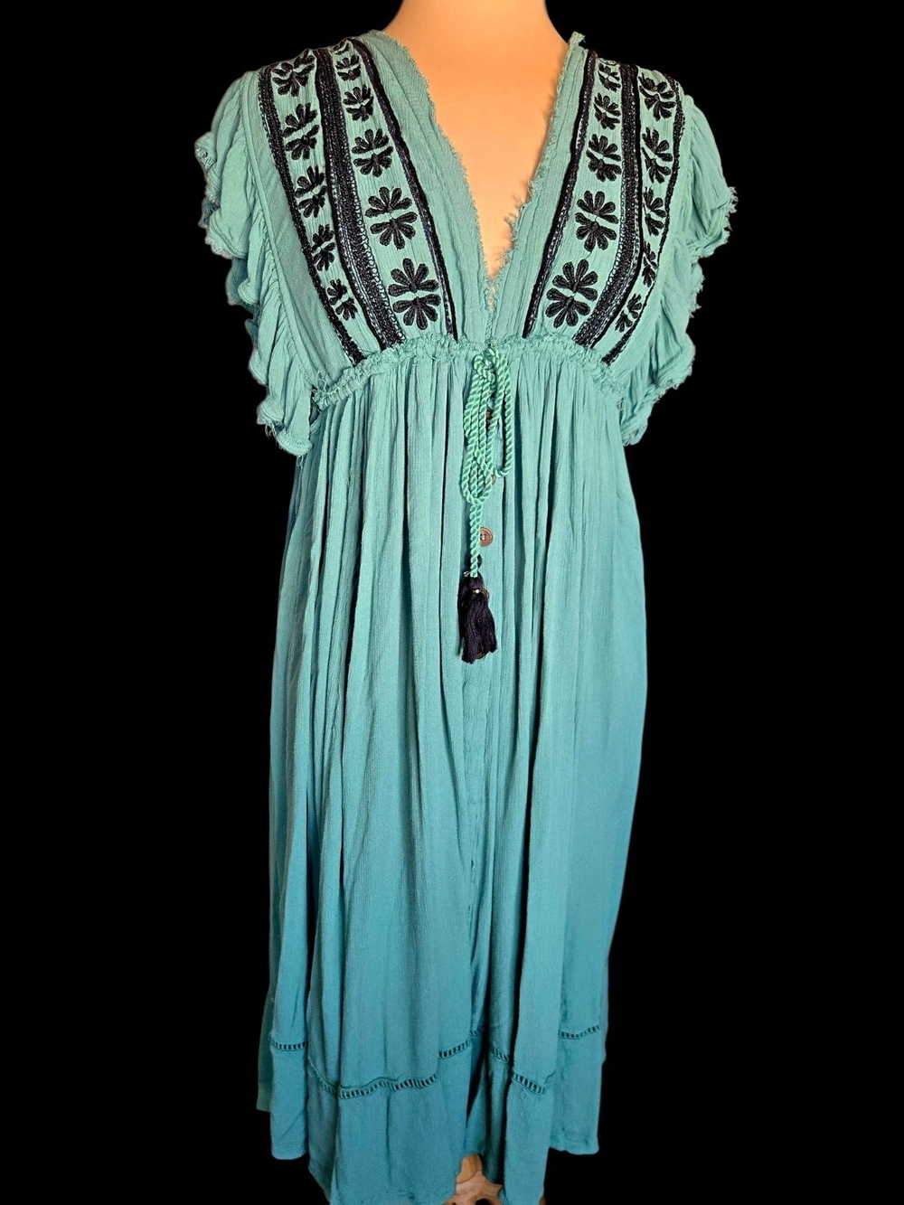 Free People Turquoise Embroidered Tassel Maxi Dress Sz M